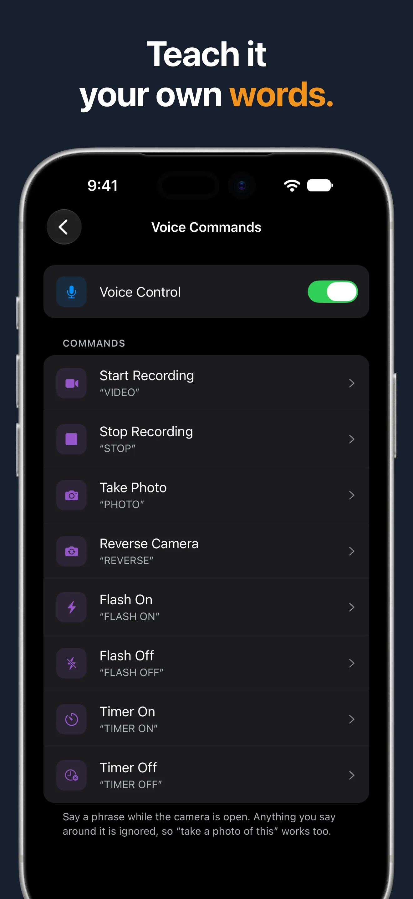 The voice command list in Hey Camera settings