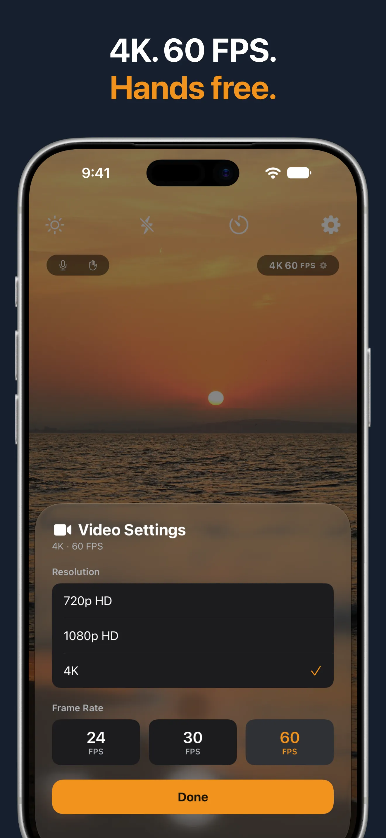 Video settings in Hey Camera showing resolution and frame rate options